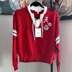 Alabama Red Lace-Up V-Neck Sweater with White Trim